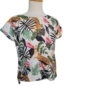 Cache Y2K Tropical Rainforest Flora& Jaguar Sweater Top MD Artsy Farm Rio Vibe